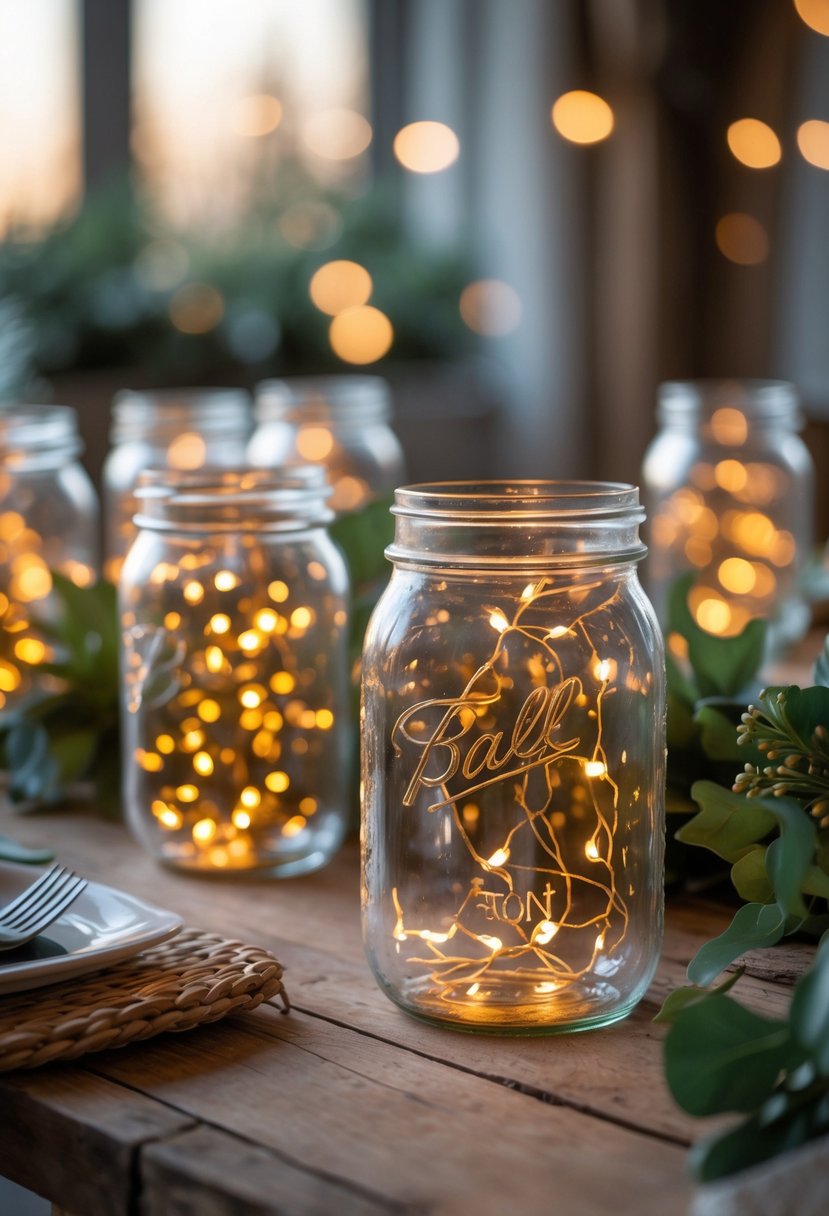 A wooden table with glowing mason jar centerpieces filled with fairy lights, surrounded by subtle birthday decorations.