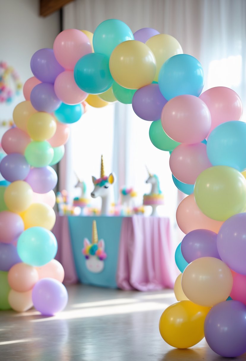 A colorful pastel rainbow balloon arch set up indoors as part of a unicorn-themed birthday party decoration.