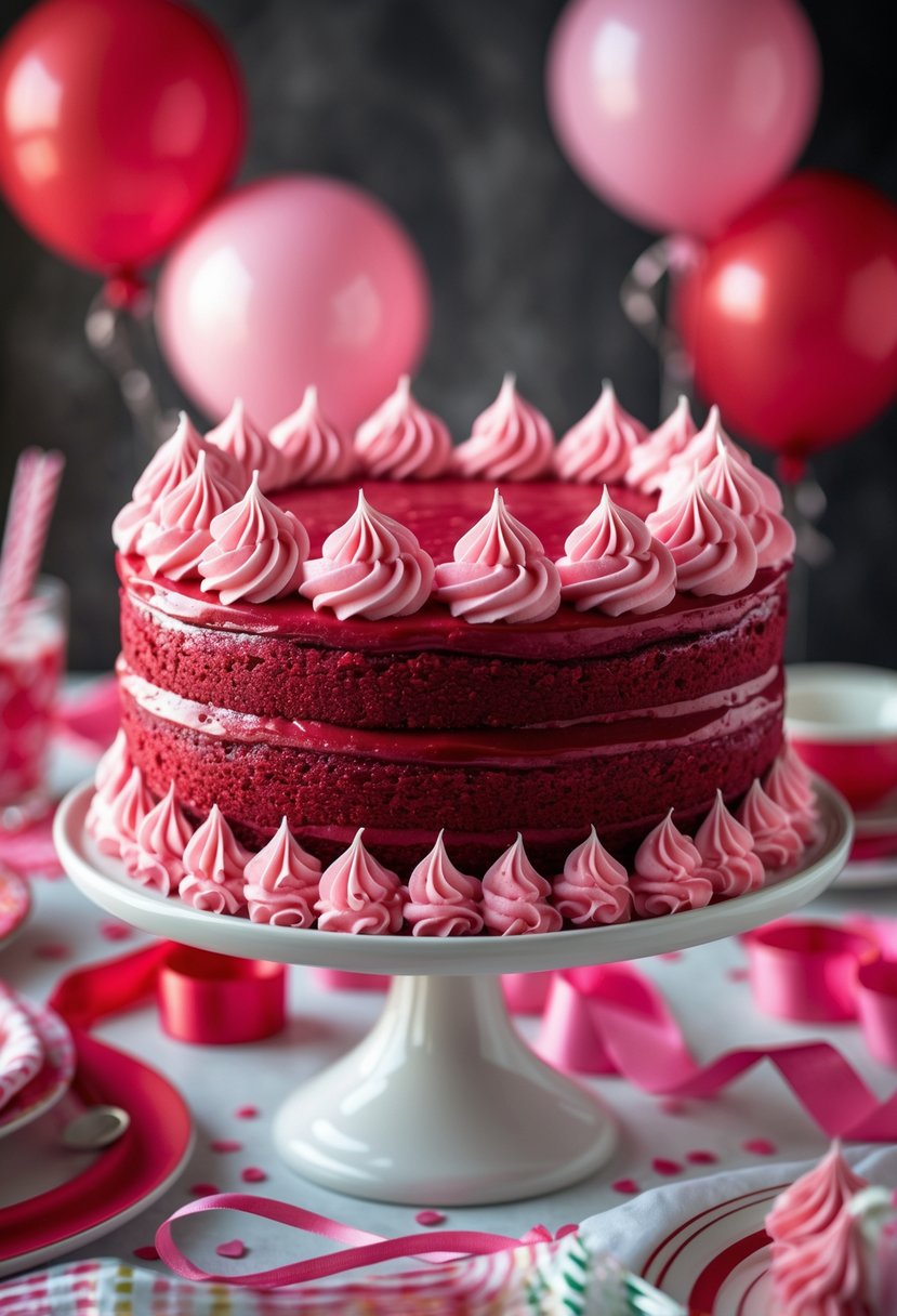 A red velvet cake with pink buttercream frosting on a white cake stand surrounded by pink and red birthday decorations.