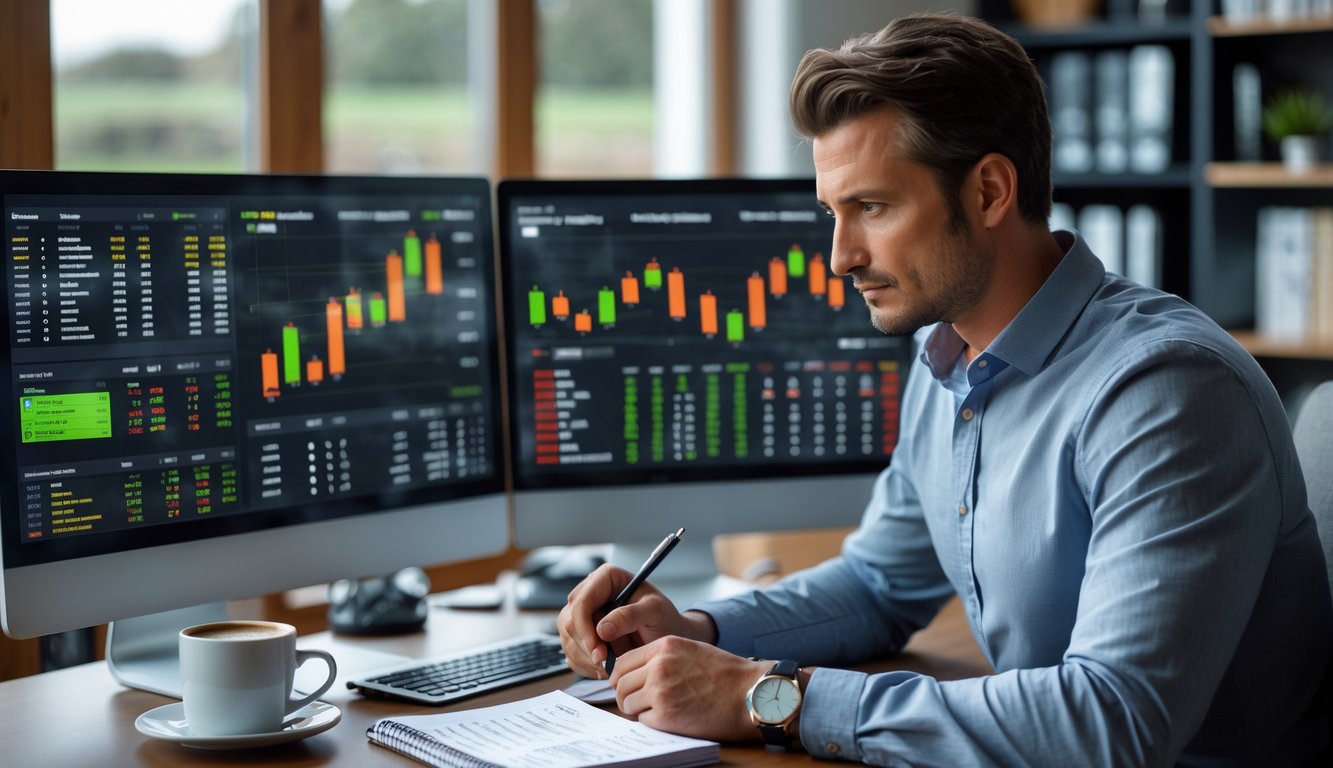 Seorang pria serius duduk di meja dengan beberapa layar komputer yang menampilkan data balap kuda, sedang menganalisis informasi dengan penuh perhatian.