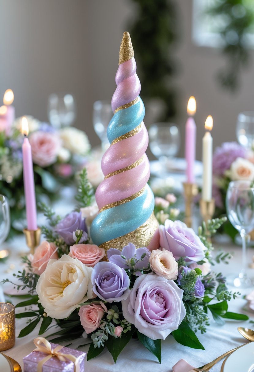 A unicorn horn centerpiece with pastel flowers and birthday party decorations on a table.