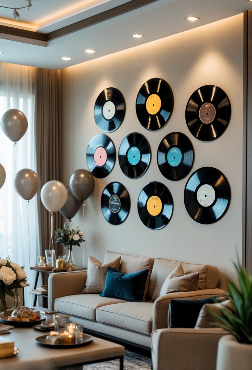 A living room with vintage vinyl records arranged on the wall and subtle birthday party decorations.