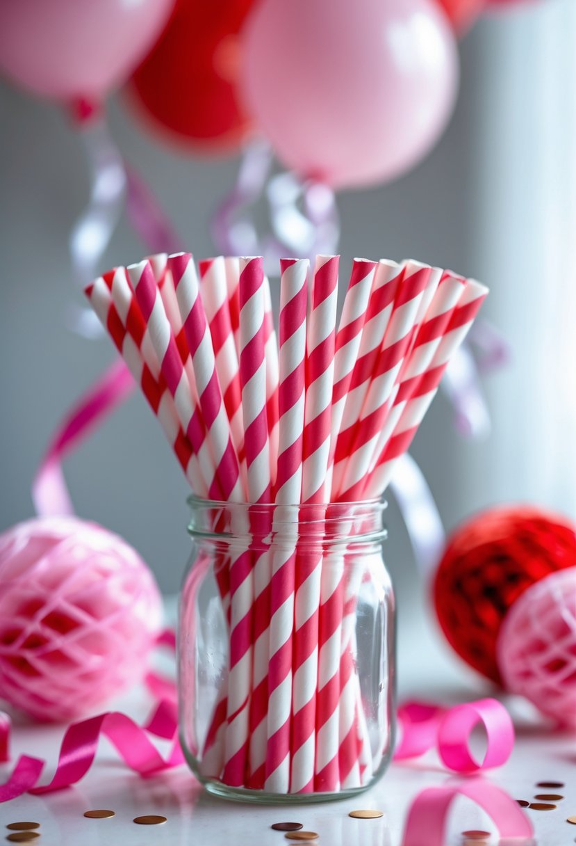 Close-up of pink and red striped paper straws in a glass jar with birthday decorations around them.