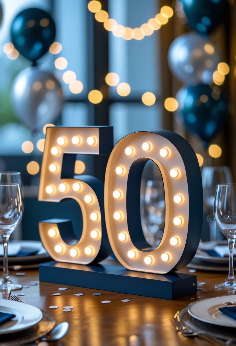Illuminated LED marquee numbers '50' displayed on a table surrounded by birthday party decorations and glassware in a cozy indoor setting.