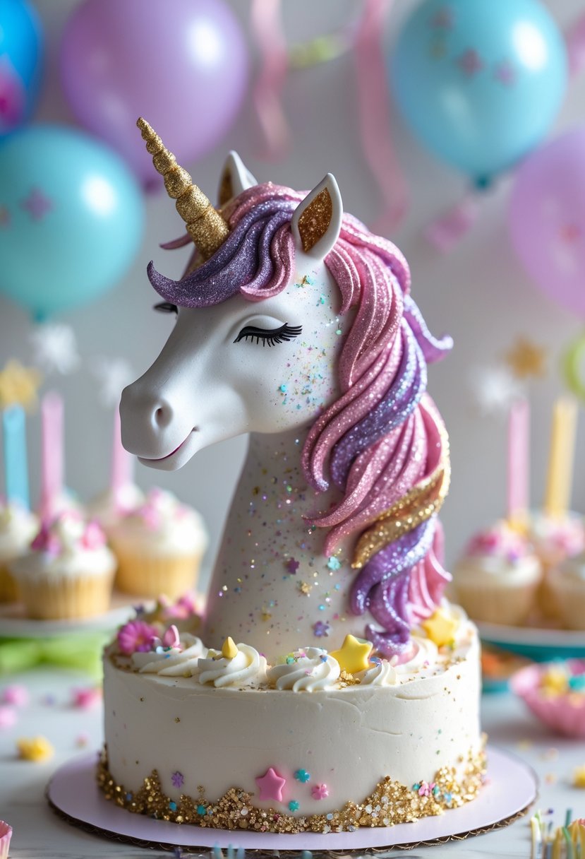 A glittery unicorn cake topper on a decorated birthday cake with festive party decorations in the background.