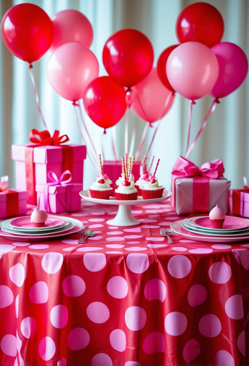 A birthday party table decorated with a red and pink polka dot tablecloth, balloons, wrapped presents, and party tableware.