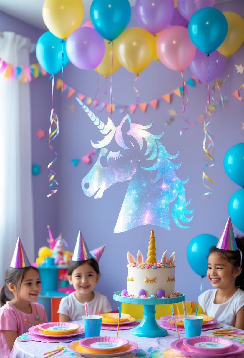 A decorated birthday party room with holographic unicorn wall decals, balloons, and a unicorn-themed birthday table with children celebrating.