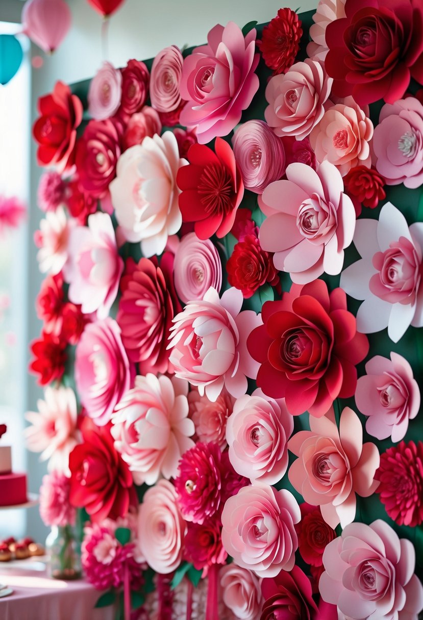 A colorful backdrop made of pink and red paper flowers arranged closely together for a birthday party.