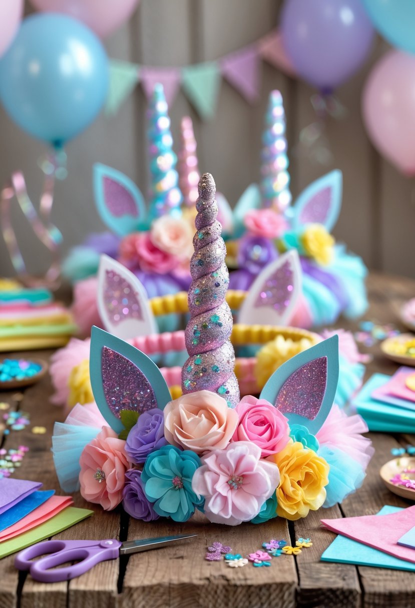 A table with colorful unicorn headbands and crafting supplies arranged for a birthday party.