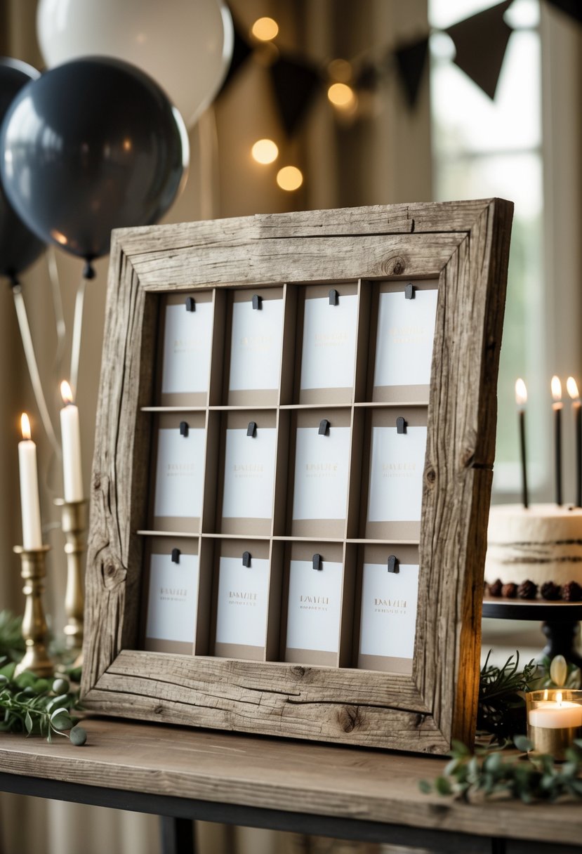 A rustic distressed wood photo collage frame on a table surrounded by birthday decorations for a 50th birthday party for men.