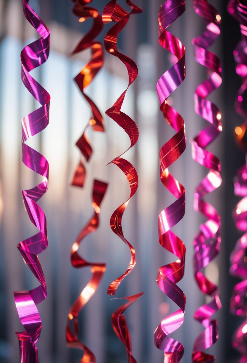 Close-up of pink and red metallic streamers hanging and twisting together in a festive arrangement.