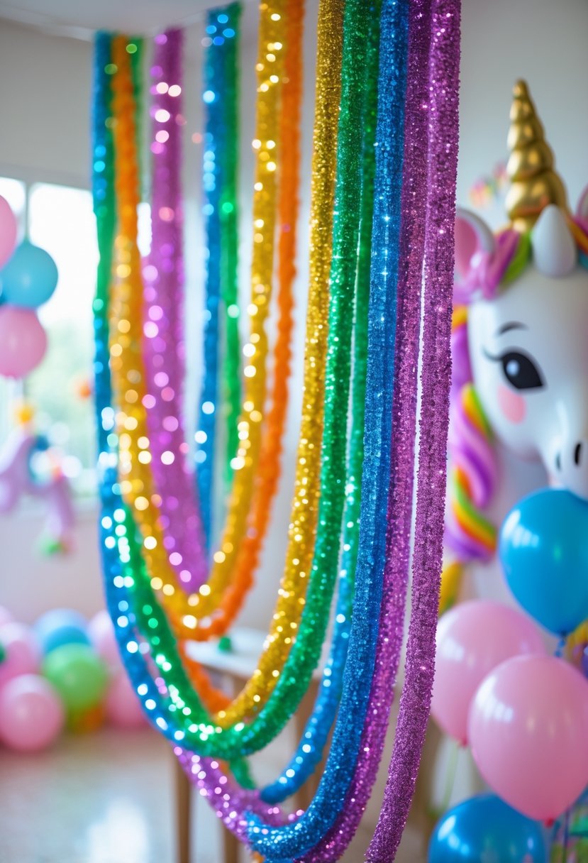 Colorful sparkling rainbow garlands decorating a festive birthday party setting with balloons and unicorn-themed decorations.