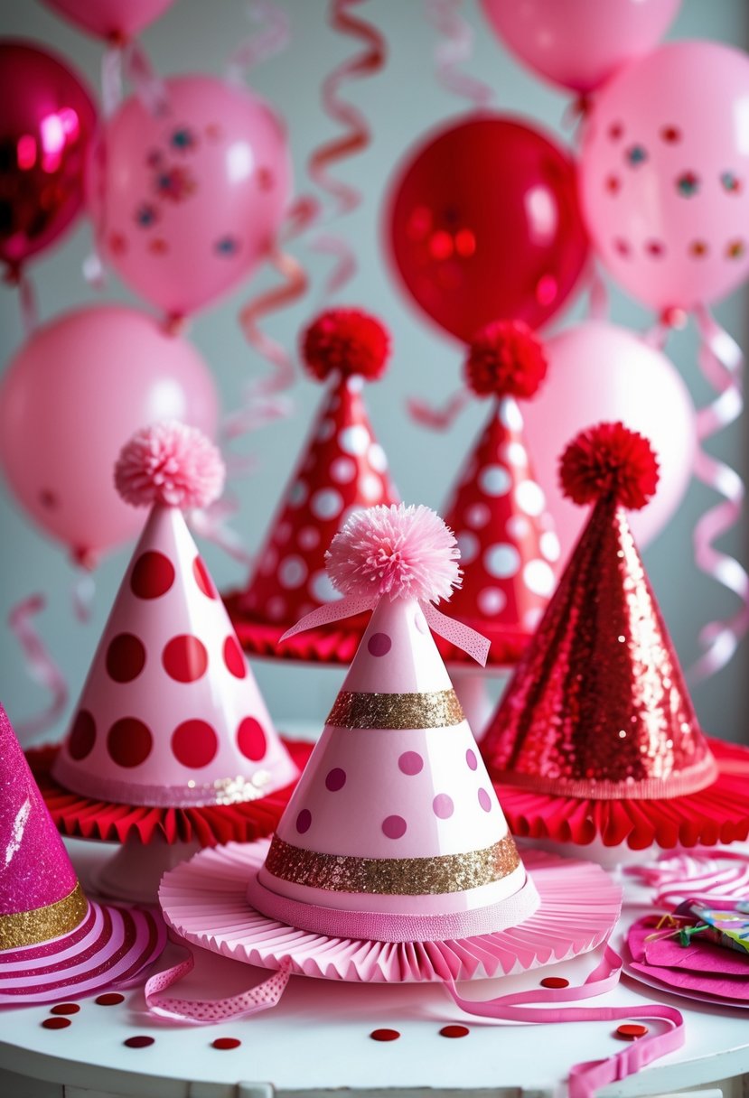 A collection of pink and red birthday party hats with ribbons and pom-poms arranged on a table with matching balloons and decorations.