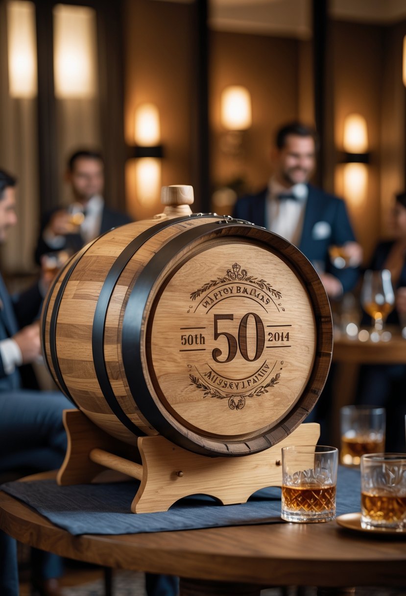 A personalized engraved whiskey barrel displayed as a centerpiece at a 50th birthday party with warm lighting and party decorations.