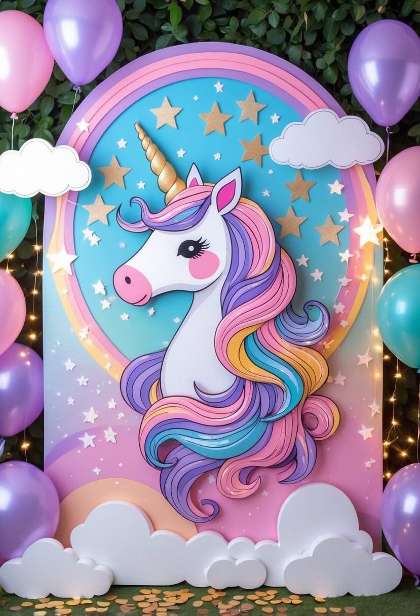 A colorful unicorn-themed birthday party photo booth backdrop with a large unicorn, pastel balloons, stars, clouds, and rainbows.