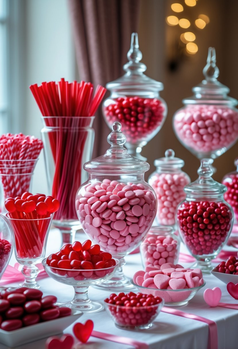A colorful candy buffet with red and pink candies arranged in glass jars and bowls on a white table.
