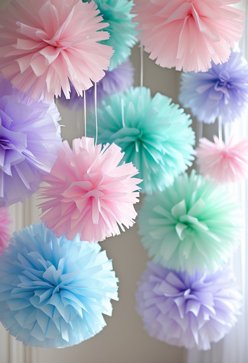 A collection of pastel-colored tissue paper pom-poms hanging as party decorations.