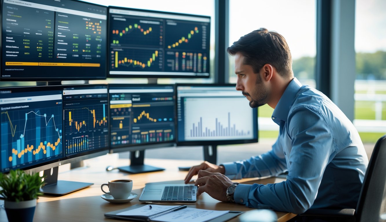 Seorang pria sedang menganalisis statistik balap kuda di depan beberapa layar komputer di kantor modern.