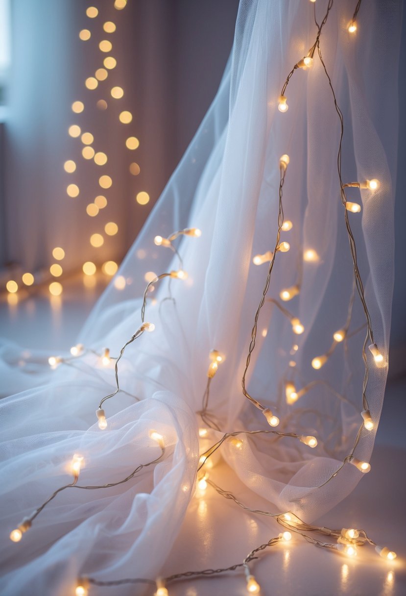 Close-up of warm fairy lights wrapped around soft white tulle fabric, glowing gently in a softly lit setting.