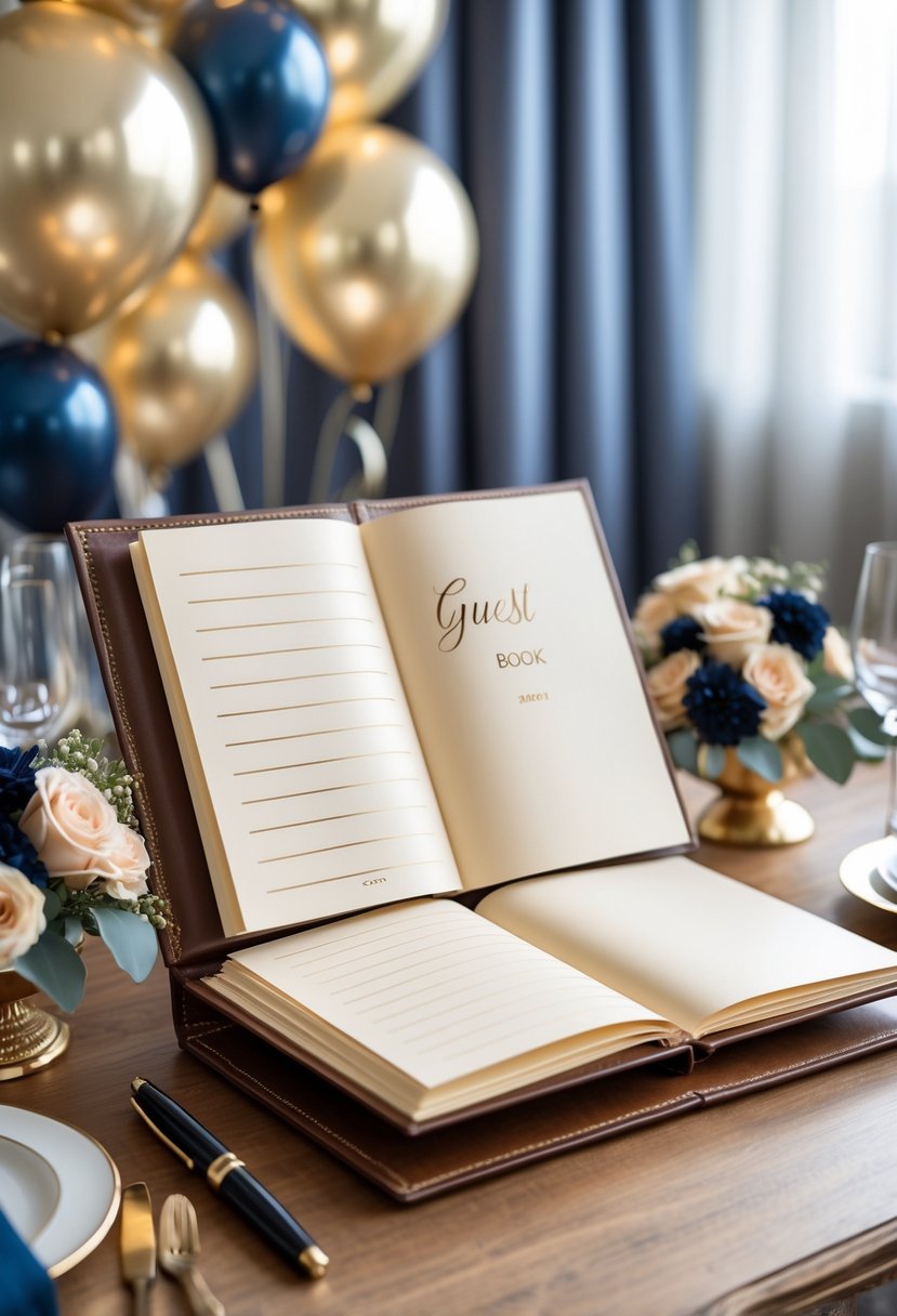 Leather-bound guest book open on a wooden table with birthday decorations around it.
