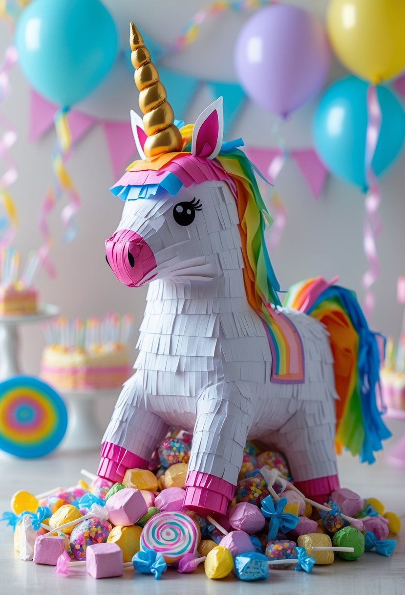 A colorful unicorn piñata filled with candies spilling out at a birthday party.