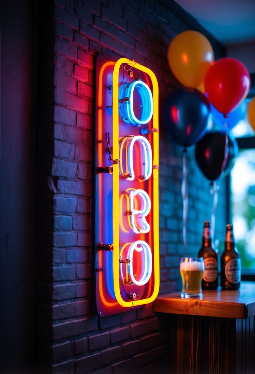 A glowing neon beer sign mounted on a brick wall with birthday party decorations and beer bottles nearby.