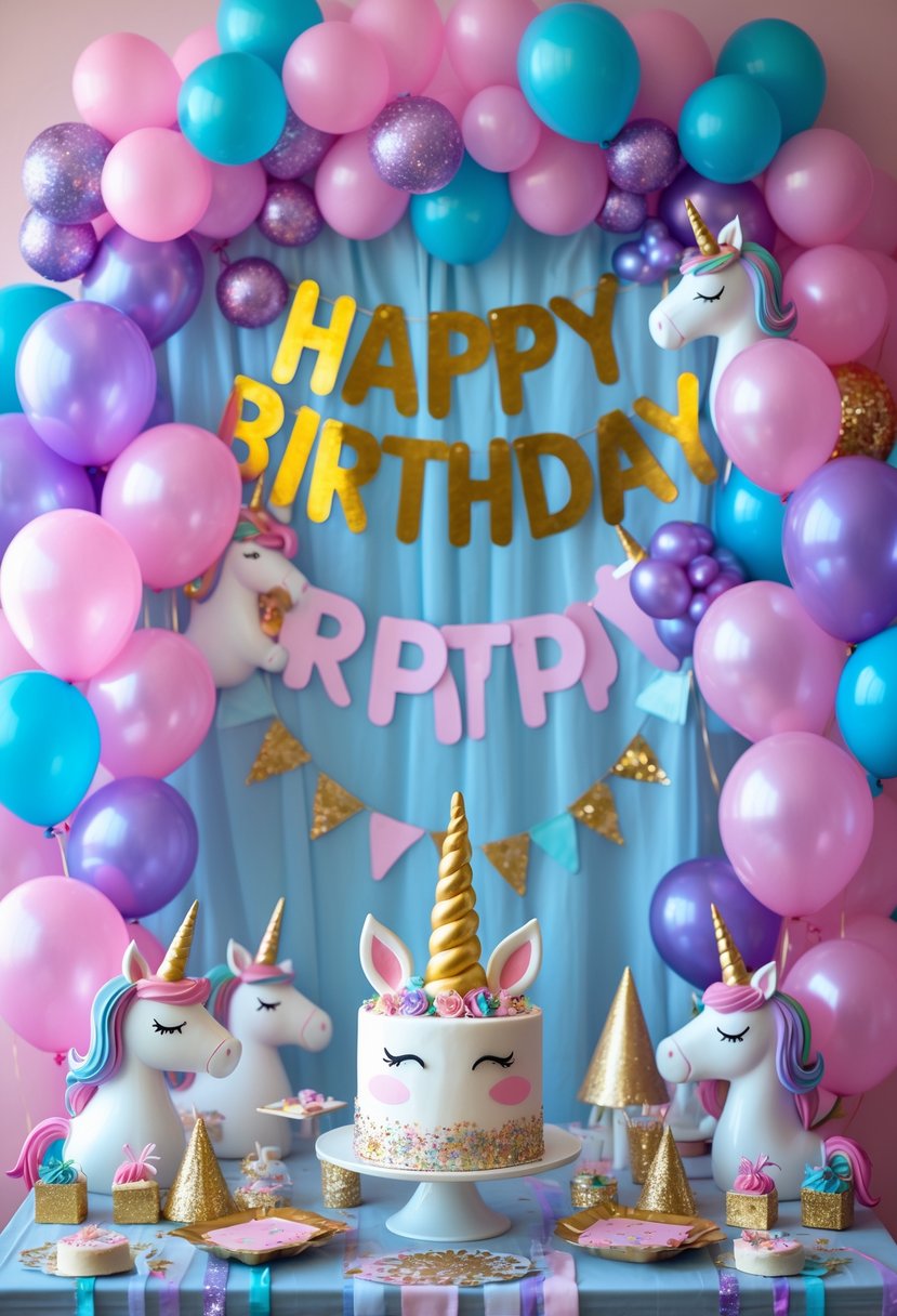 A birthday party setup with unicorn decorations, balloons, a decorated table with a cake, and festive party items.