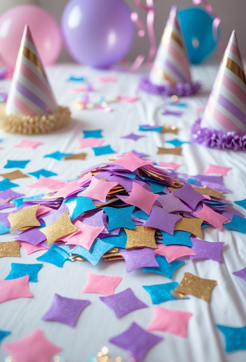 Unicorn-shaped confetti scattered on party tables with birthday decorations in the background.