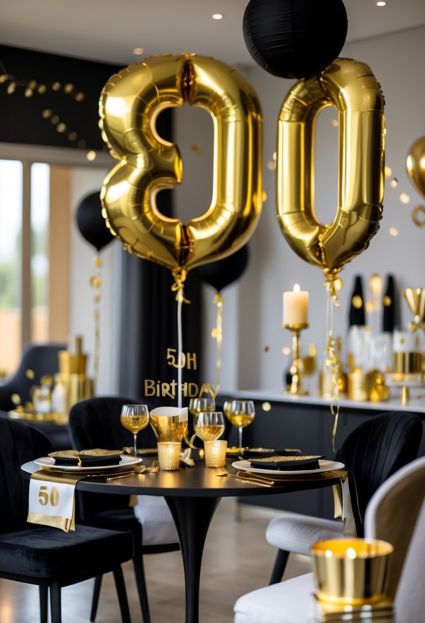 A decorated indoor space for a 50th birthday party with gold foil balloons shaped as 50 and elegant table decorations.