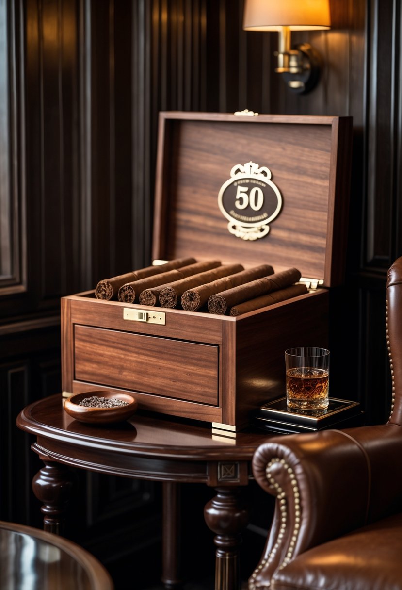 A cozy cigar lounge corner with a wooden humidor, leather armchair, side table with whiskey and ashtray.