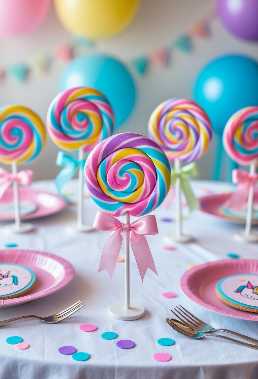 A birthday party table with rainbow swirl lollipops used as colorful place settings surrounded by pastel unicorn-themed decorations.