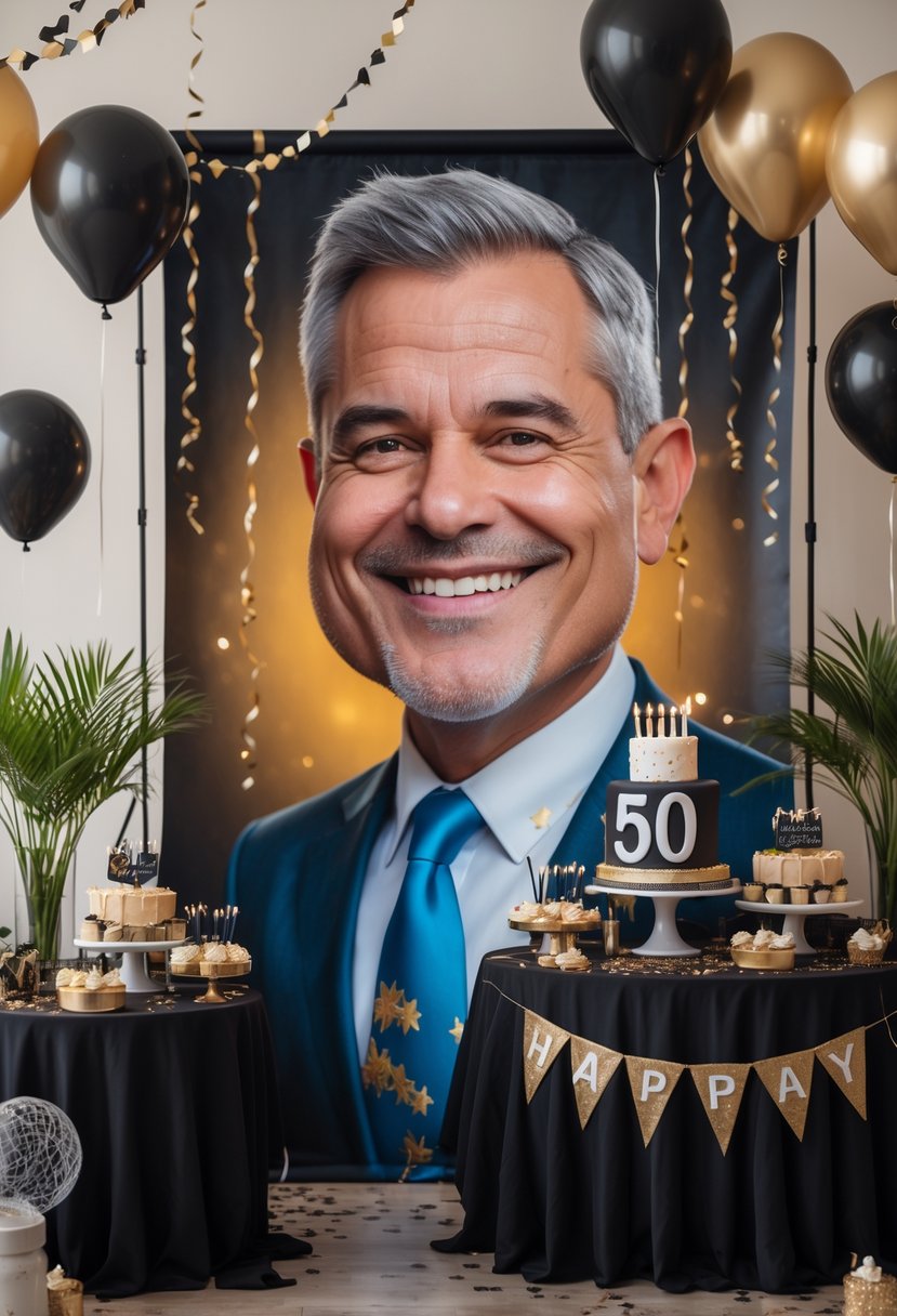 A decorated birthday party setup with a colorful caricature portrait backdrop, balloons, a birthday cake with the number 50, and festive decorations.