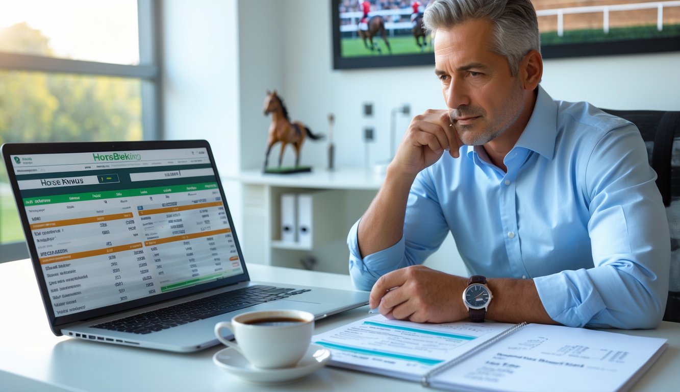 Seorang pria dewasa duduk di meja kerja dengan laptop dan catatan, mengelola anggaran terkait judi balap kuda.