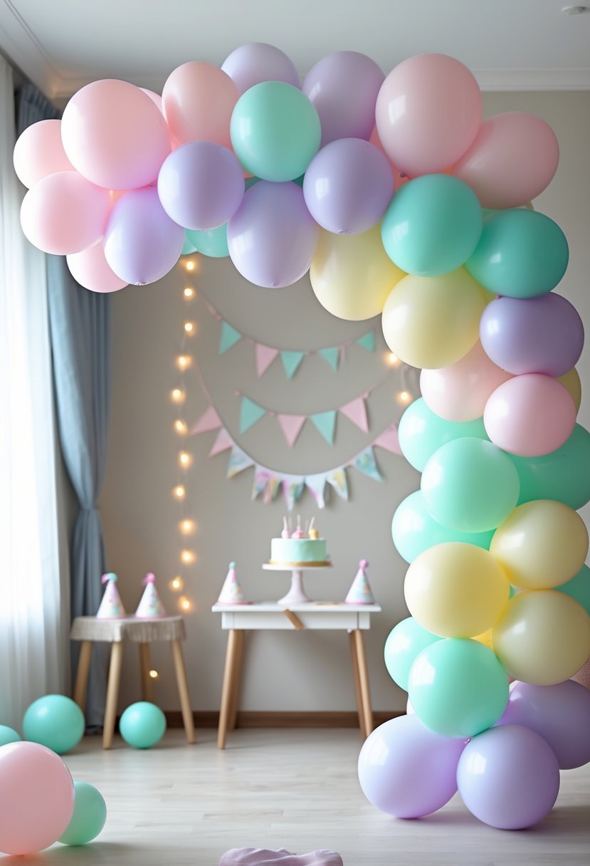 A colorful balloon arch in pastel colors decorating a one-year-old birthday party setup with a cake and party decorations.