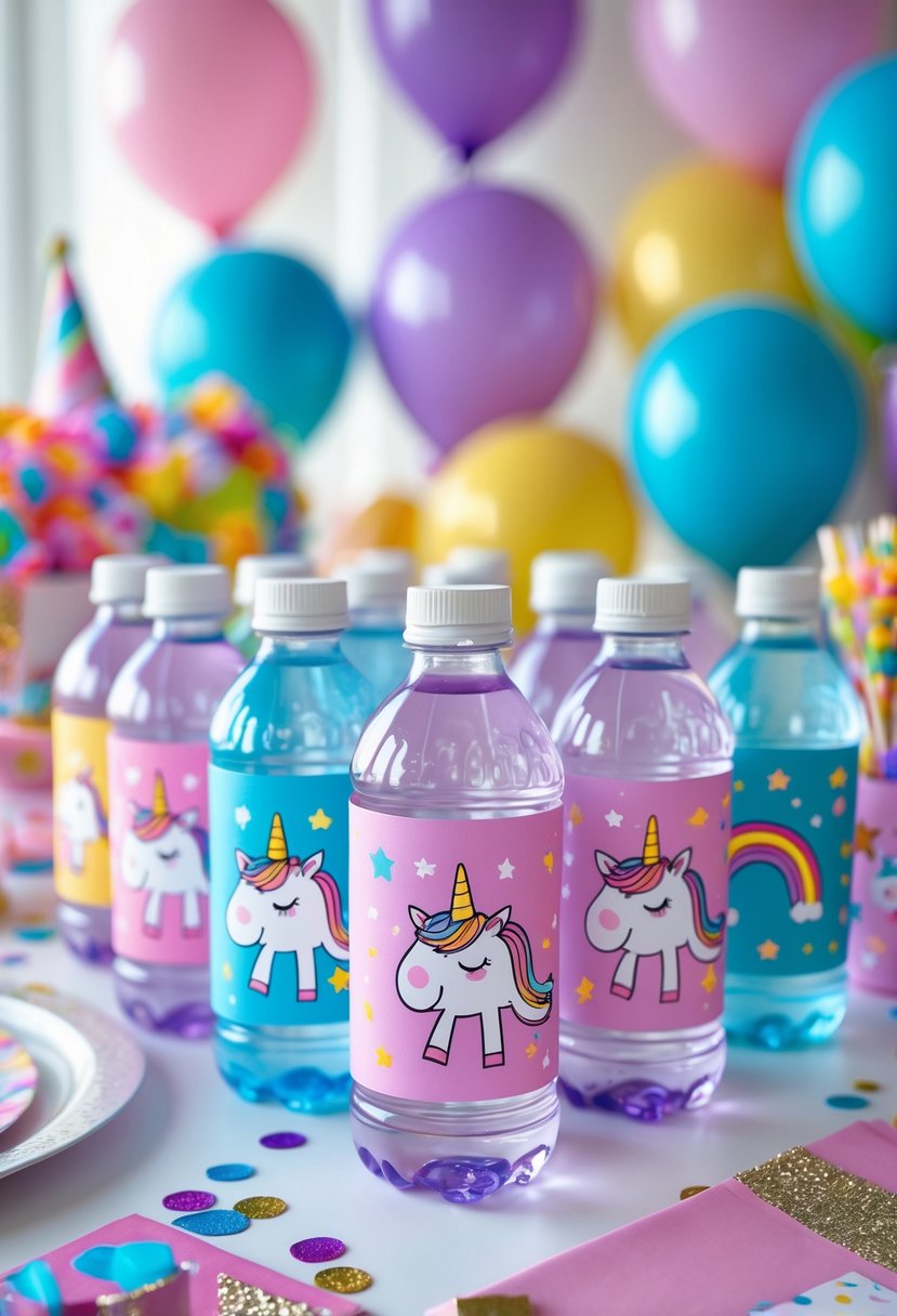 A table with water bottles decorated with colorful unicorn-themed labels surrounded by birthday party decorations including balloons and confetti.
