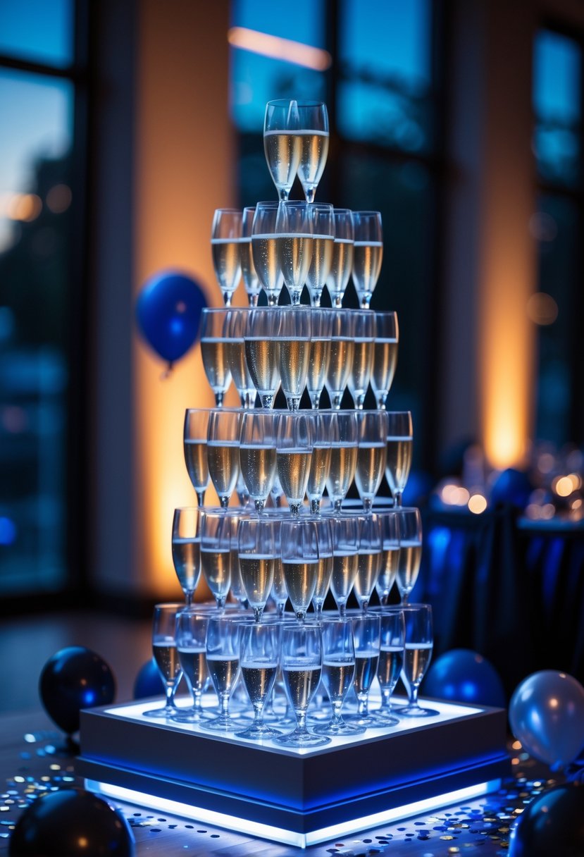 A pyramid-shaped champagne tower with glasses filled with champagne, lit from below by a glowing LED base, surrounded by birthday party decorations.