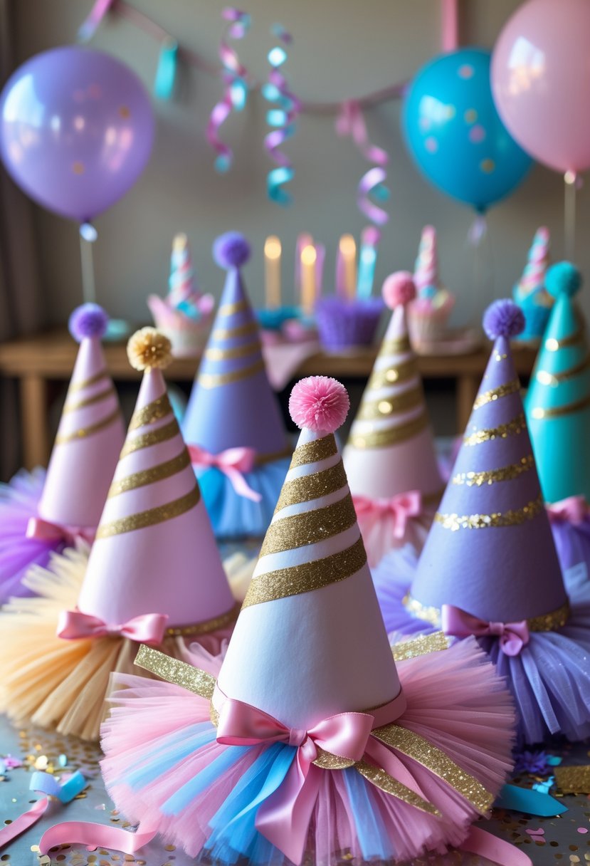 A table displaying colorful unicorn horn party hats with birthday decorations in the background.