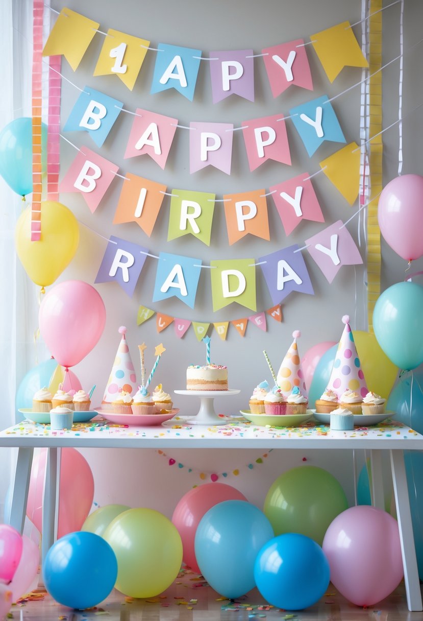 A decorated table with balloons, a small birthday cake, cupcakes, and a personalized name banner hanging above, celebrating a one-year birthday party.