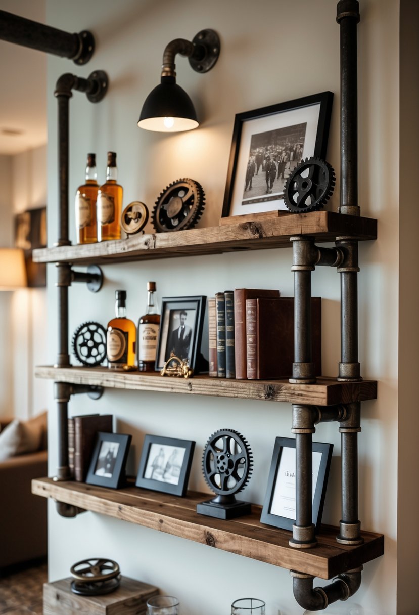 Industrial pipe shelves displaying vintage bottles, books, trophies, framed photos, and decorative items in a warm room.
