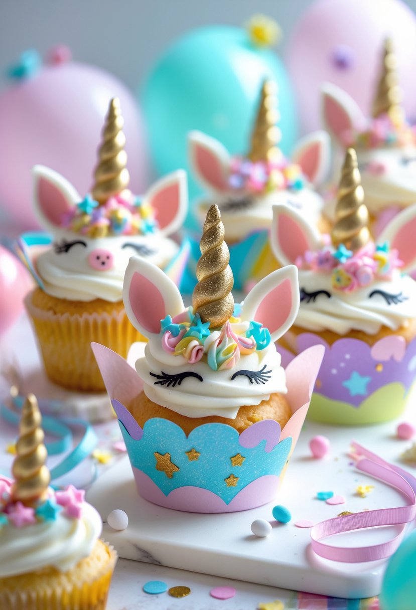 A collection of colorful unicorn-themed cupcake wrappers arranged on a white surface with party decorations around them.