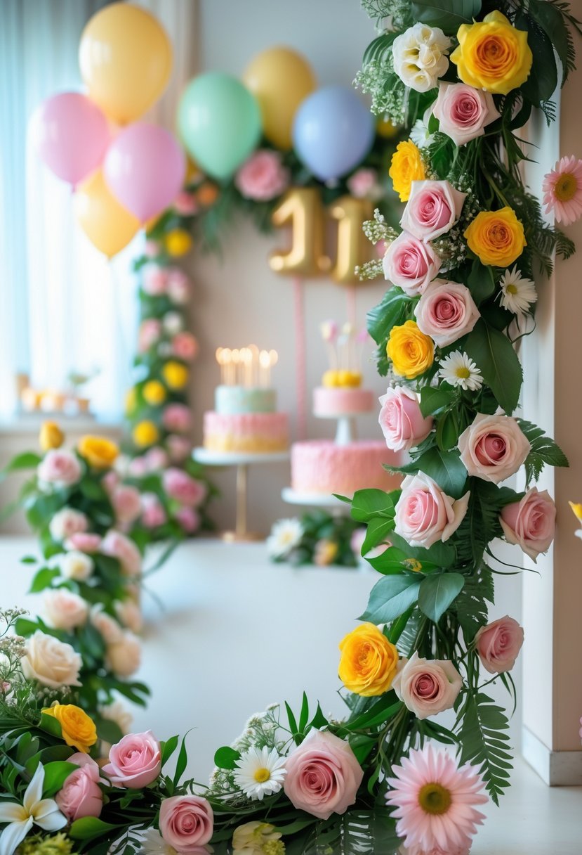 Fresh floral garlands decorating a one-year birthday party setting with balloons and party decorations.