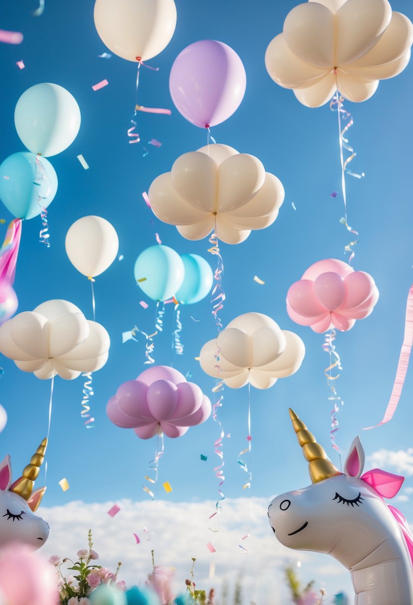 Floating cloud-shaped balloons surrounded by colorful unicorn birthday party decorations against a clear sky.