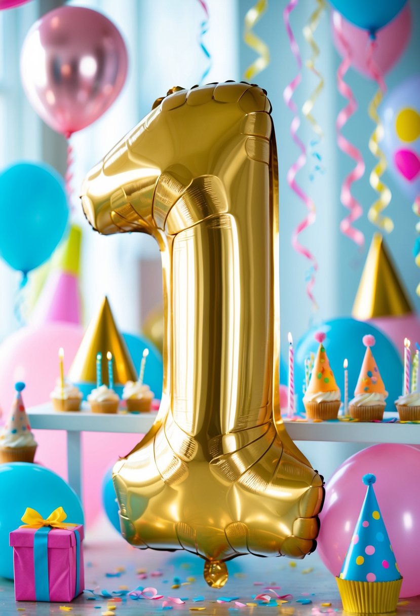A birthday party setup featuring large gold number 1 foil balloons surrounded by colorful decorations and a table with cupcakes and party hats.