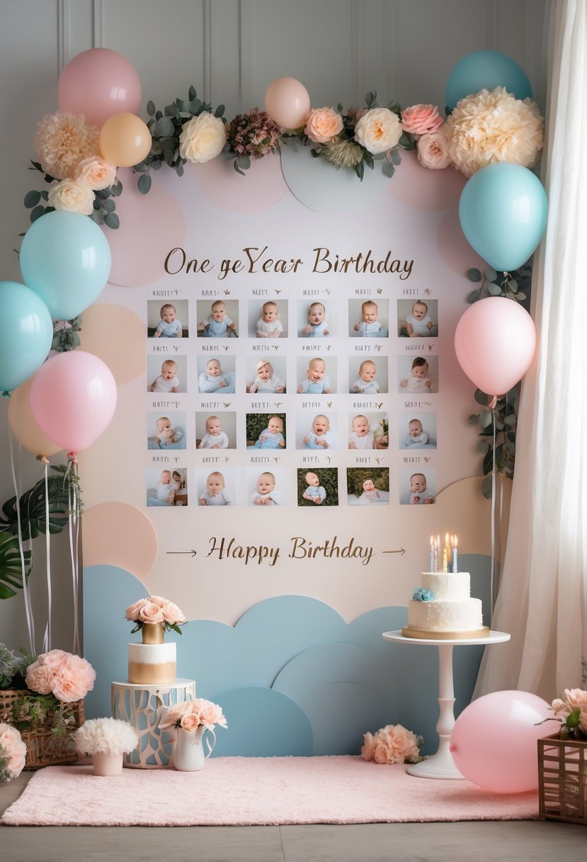 A decorated photo backdrop with milestone pictures and birthday decorations for a one-year-old's birthday party.
