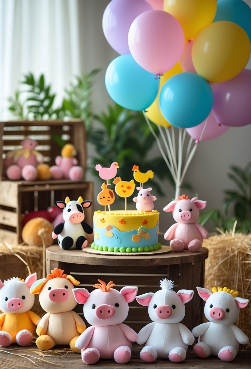 A one-year birthday party setup with farm animal plush toys, balloons, and a decorated cake on a wooden table with rustic farm-themed decorations in the background.