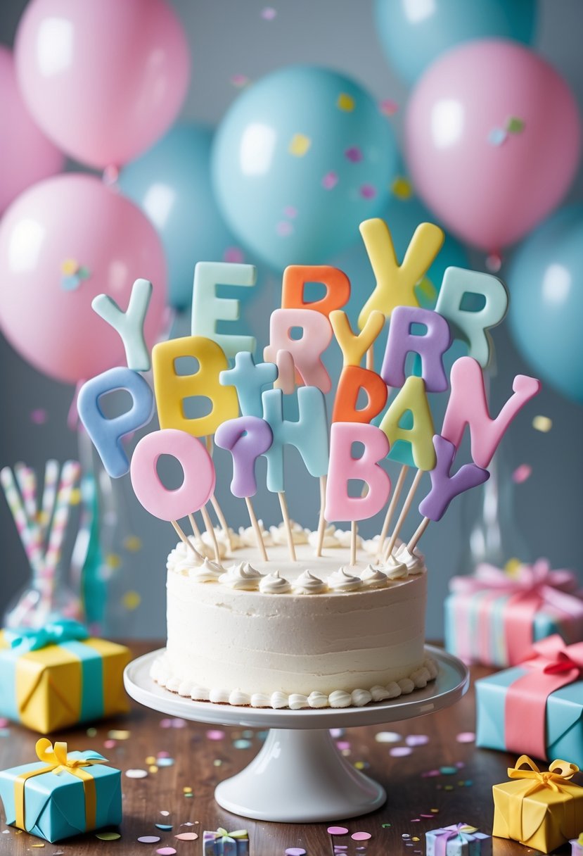 A birthday cake decorated with colorful alphabet letter toppers surrounded by balloons and party decorations.