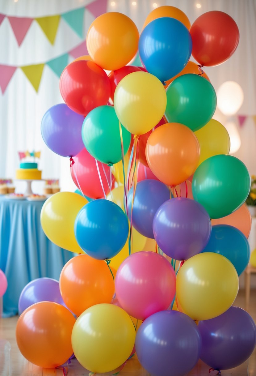 Clusters of colorful rainbow balloons decorating a one-year birthday party setting with a small cake and festive decorations in the background.