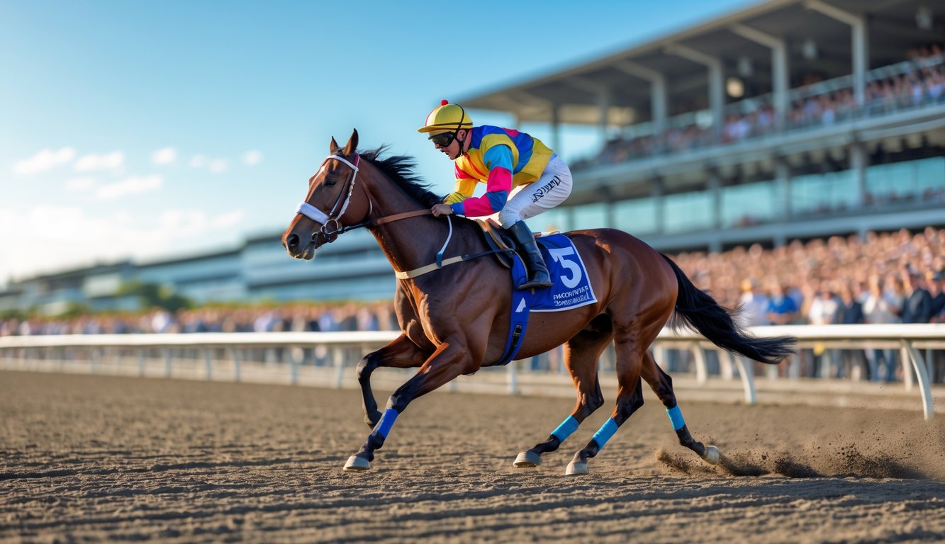 Seorang joki sedang mengendarai kuda pacuan di lintasan balap dengan penonton di latar belakang.
