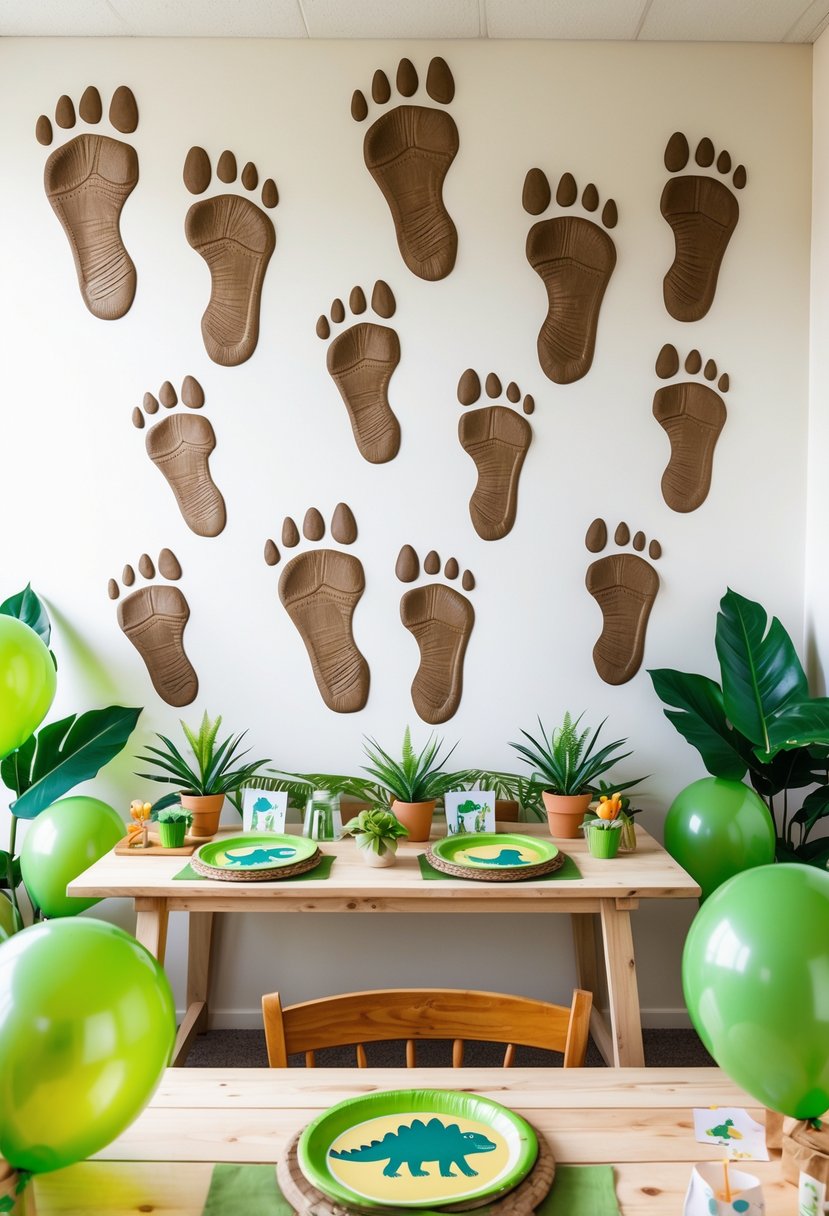A decorated birthday party room with dinosaur footprint wall decals and themed table settings.