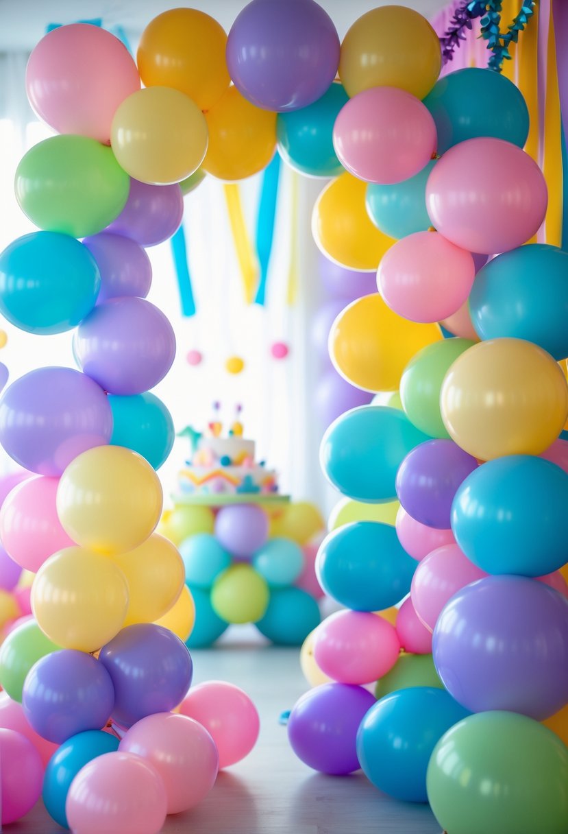 A colorful balloon garland with pastel balloons arranged in an arch at a children’s birthday party.